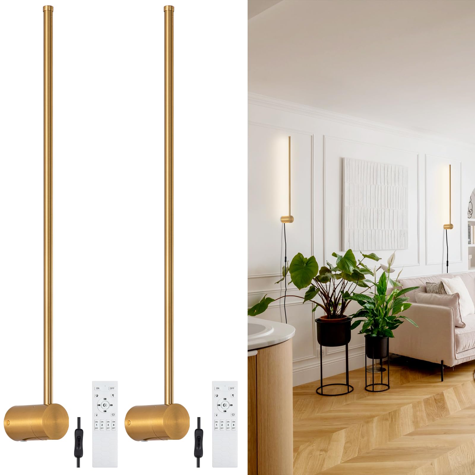 KELUOLY dimmable Modern Plug in Wall Sconce Set of 2, 23.6" Gold Brushed Wall Lights, Indoor Wall lamp Background Lighting with Memory Function,
