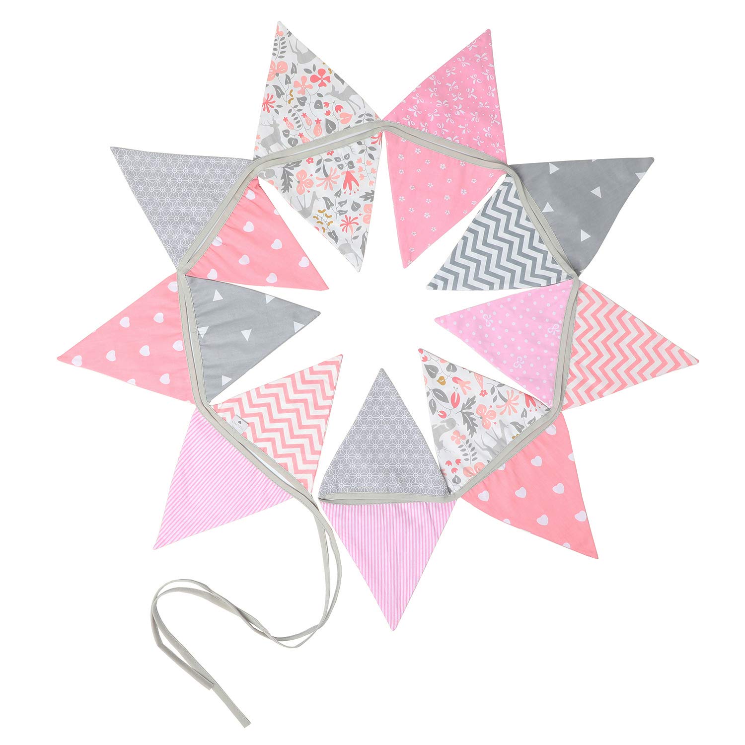 PREMYOFabric Bunting Flags - Baby Shower Decorations Girls Nursery - Colourful Double Sided Banner Pink Grey