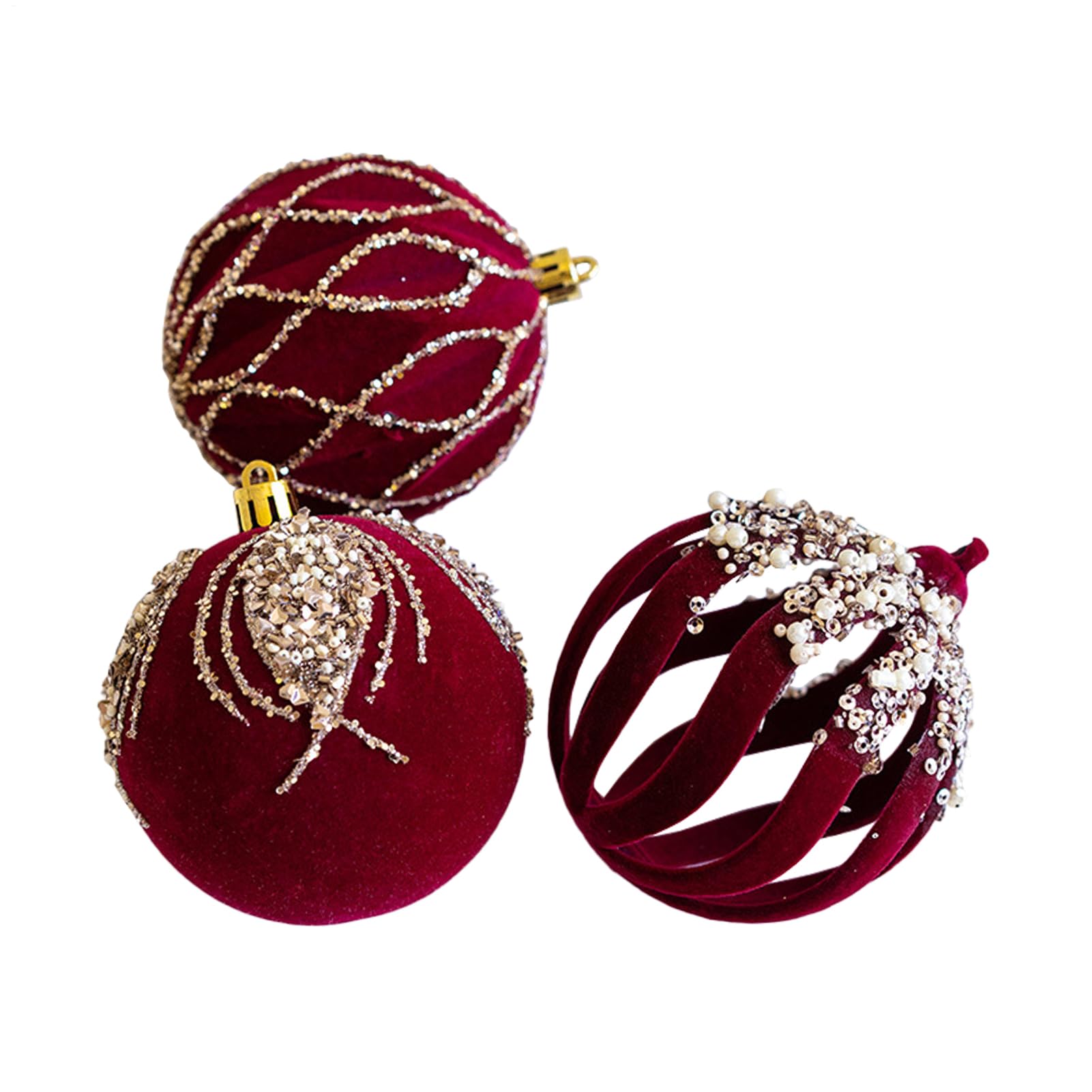 Christmas Balls - 3pc Hanging Flocking Baubles | Glitter Sequin Wine Red Balls | Small Christmas Tree Ornaments | Sparkly Holiday Party For Wedding Holiday Party