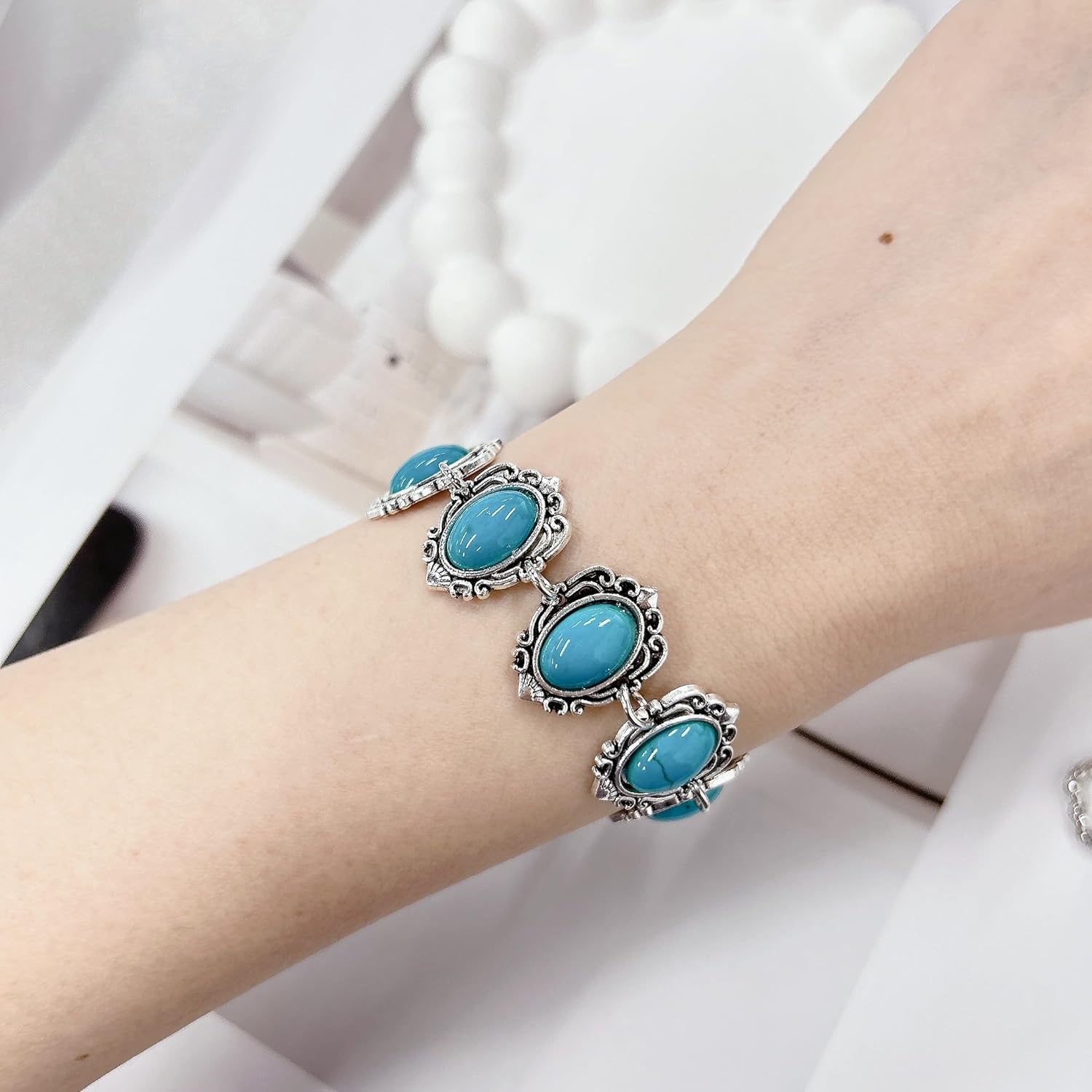 Bohemian Oval Turquoise Pendant Necklace Bracelet Earring Vintage Jewelry Set for Women 3 Pieces Retro Boho Western Natural Stone Ot Clap Dangle Earrings Statement Aesthetic Cowgirls Accessories - Image 6