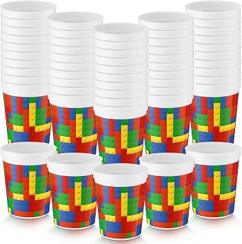 Yungyan 48 Pcs Summer Building Block Plastic Cups 16oz Building Block Birthday Party Supplies Reusable Colorful Drink Cups for Graduation End of Year Party Summer Vacation Celebration Decoration