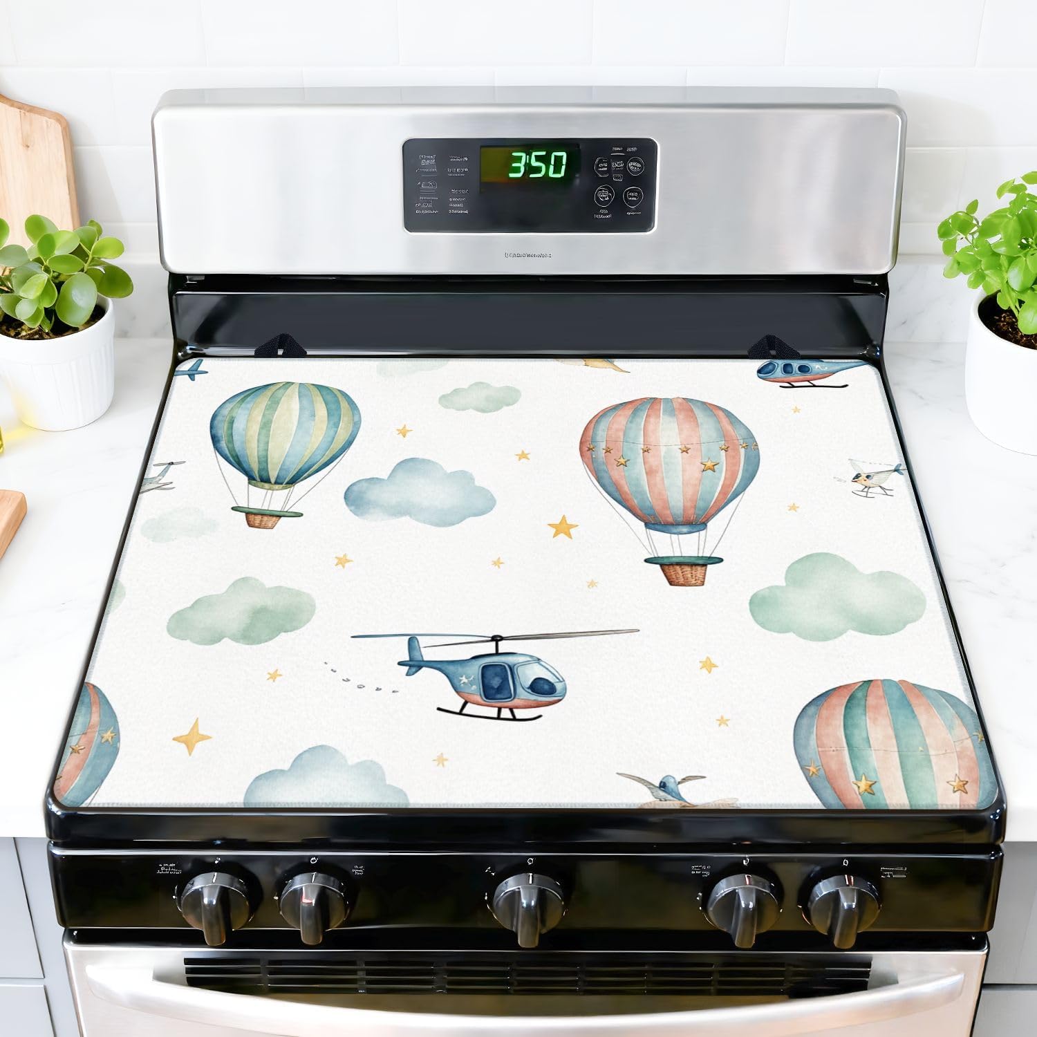 Stove Top Covers for Electric Stove 28"x20" Watercolor set cute fancy sky scene complete airplanes helicopters Glass Cooktop Cover Protector Heat Resistant Protector Mat for Kitchen Home Decor