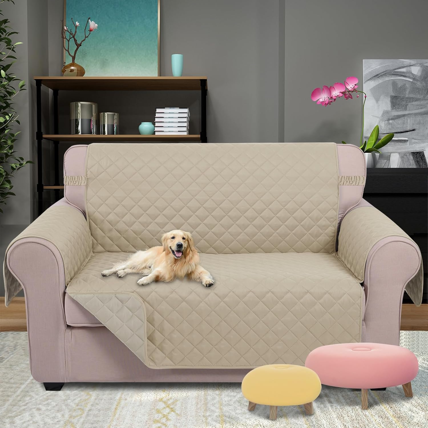 U-NICE HOME Loveseat Sofa Cover Reversible Couch Covers for 2 Cushion Couch for Dogs Furniture Protector Cover with Elastic Straps Water Resistant(Loveseat Small, Sand/Beige)