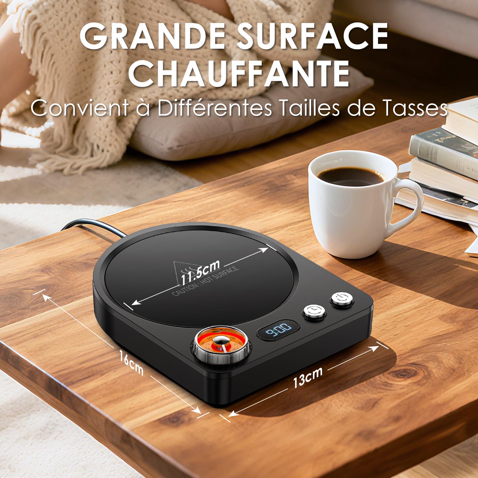 Accwork Chauffe Tasse Bureau Contrôlé par Bouton Rotatif à 9 Niveaux de Température, Réchauffe Tasse avec Minuterie 0.5-9H Arrêt Automatique, Maintenir au Chaud Le Thé, Le Lait et Le Café