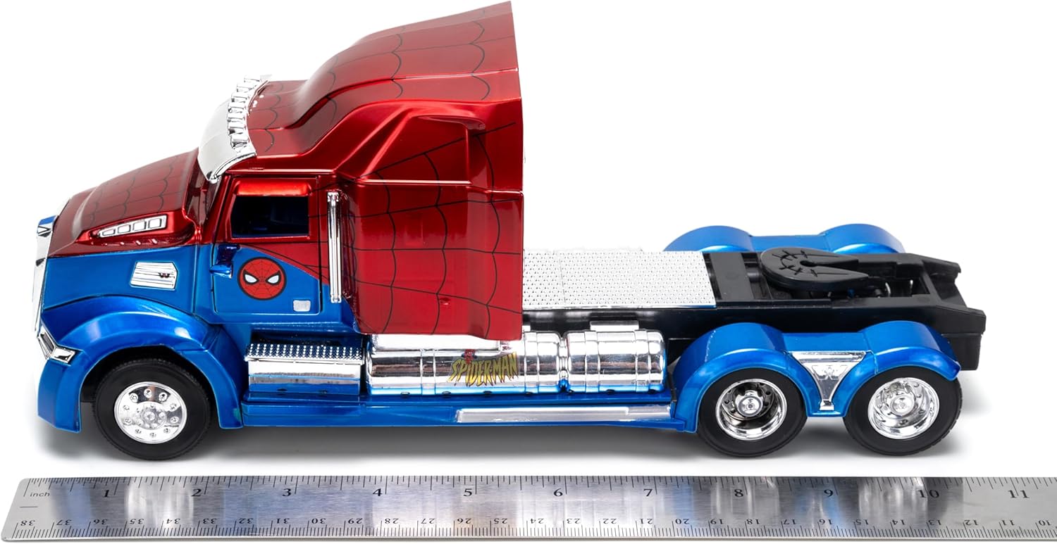 Jada Spider-Man Western Star 5700 XE Big Rig - Die-Cast Vehicle - 1:24 Scale, Opening Doors, Chrome Finishes, Rubber Tires - Hollywood Rides Marvel Series - Ages 8+ - Red/Blue