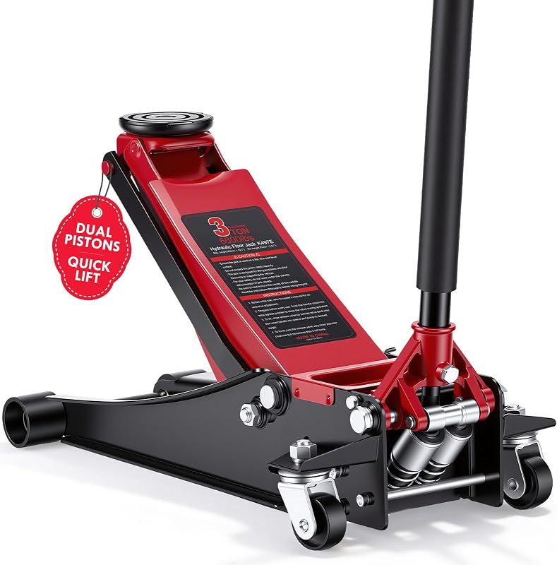 3 Ton Low Profile Floor Jack: Dual Pump Quick Lift Hydraulic Car Jack, 2.87" to 19.5" Lift Range, Heavy Duty Steel Trolley Jack for Cars SUVs & Trucks, Rubber Saddle & Safety Valve