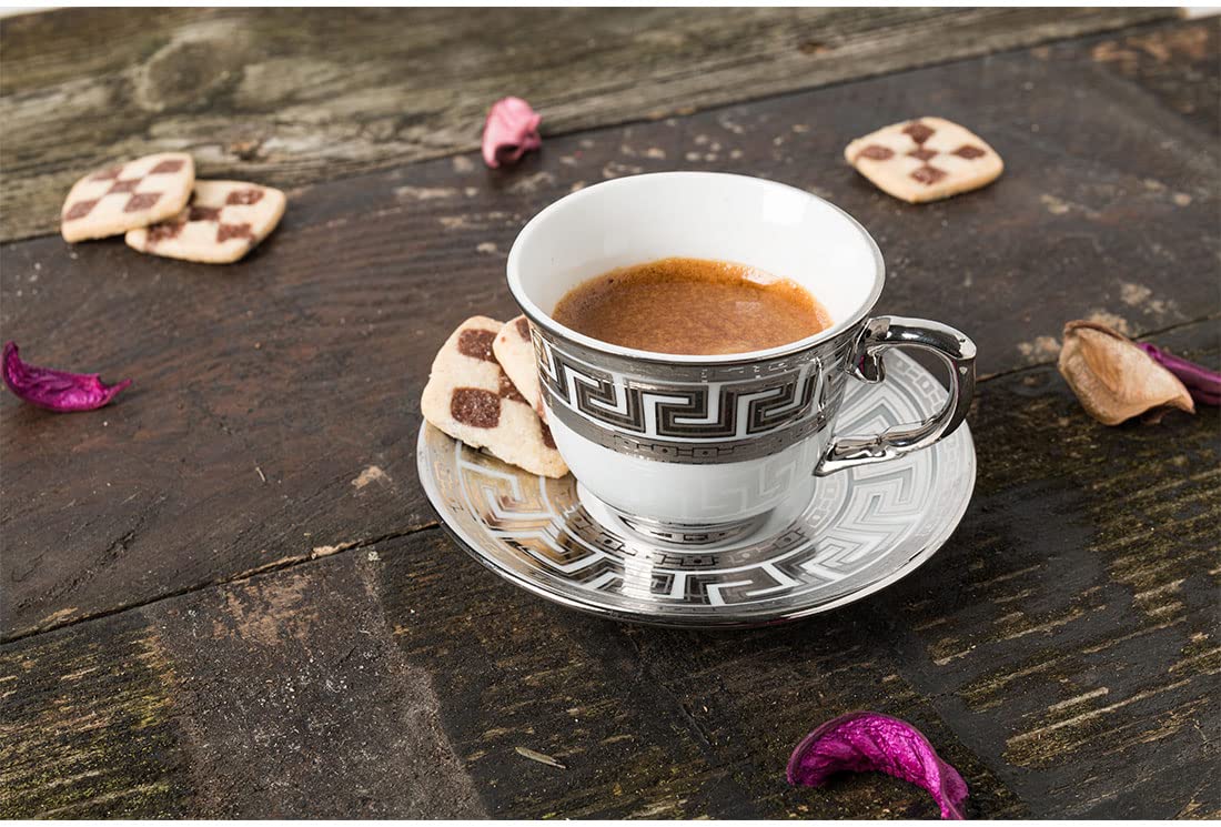 Cappuccino Tassen Set 6-teilig – Mit Goldrand & Untertellern, 105 Ml, Keramik, Geschenkbox, Osmanisches Design