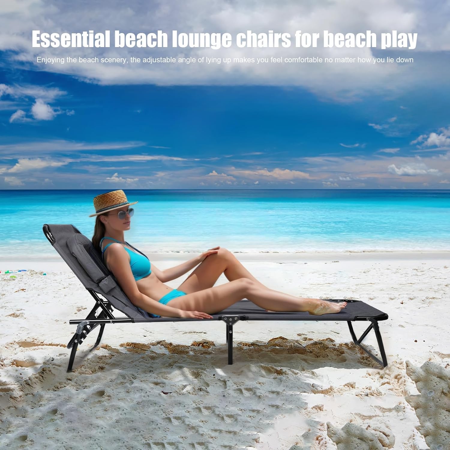 Foldable Outdoor Lounge Chair with Face Hole, Folding Outside Lay Flat Face Down Tanning Chair with Arm Hole, Head Rest Pillow, for Reading Beach Poolside Patio Sunbathing Lawn Camping, 300 LBS Grey
