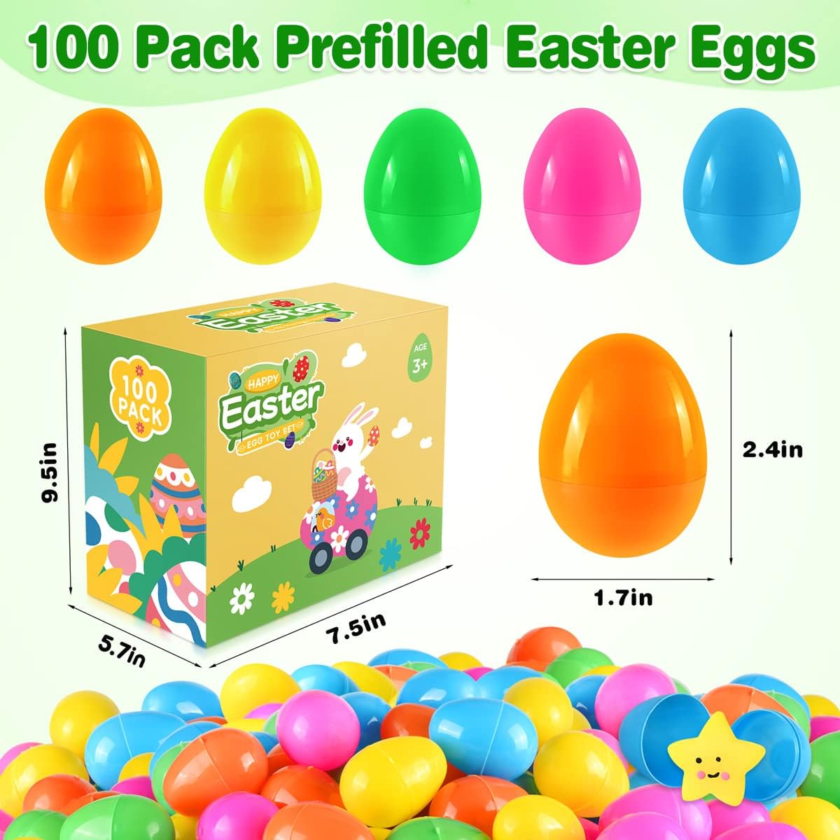 Jyusmile 100 Pack Prefilled Easter Eggs with Toy, Filled Plastic Easter Eggs, Surprise Eggs with Assorted Toys, Easter Egg Hunt, Easter Basket Stuffers, Party Favors Bulk for Kids/Toddlers/Boys/Girls