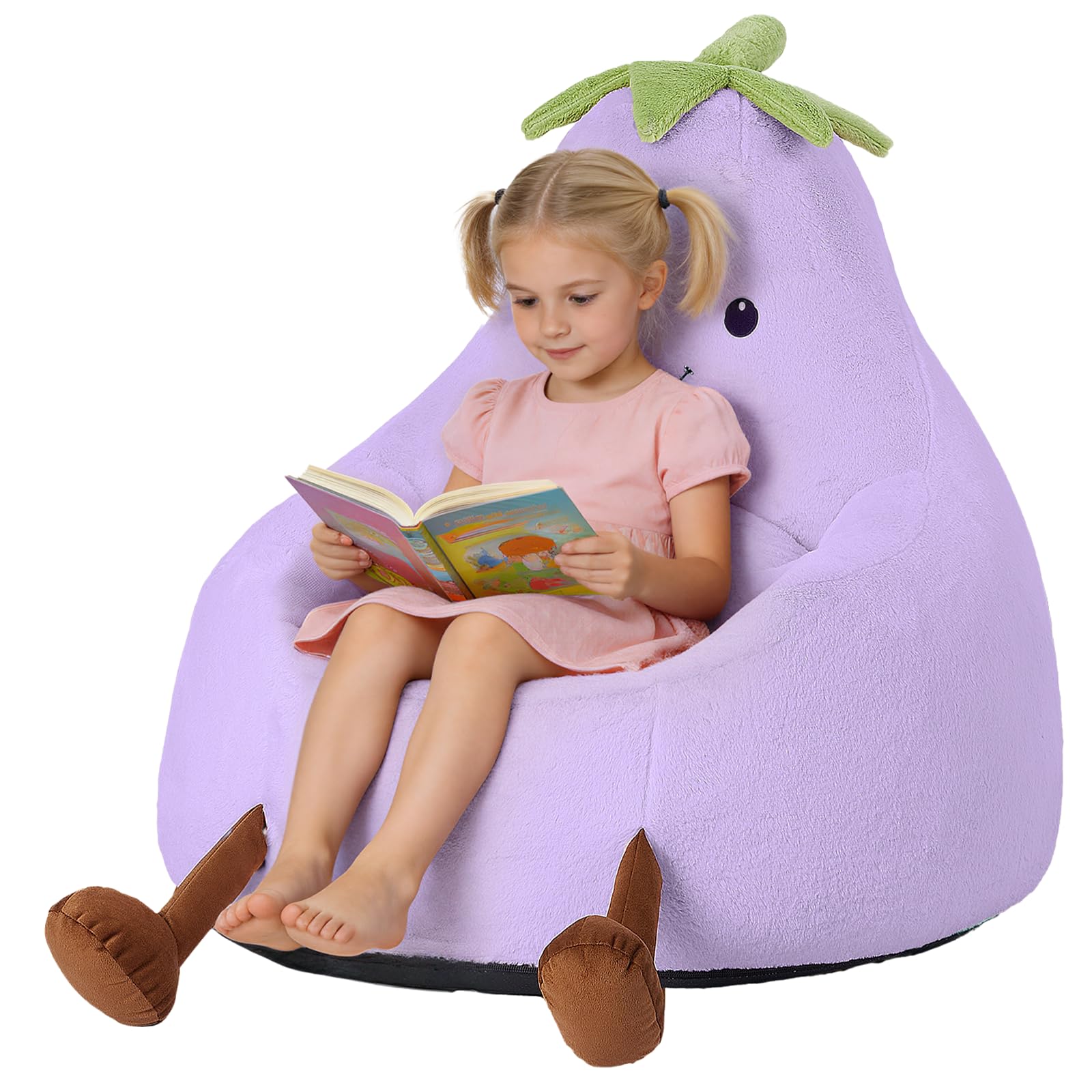 24 Inches Memory Foam Bean Bag Chair - Ultra Soft Faux Rabbit Fur Round Sofa with Handle &amp; Machine Washable Cover, Eggplant-Shaped Kids Reading Chair for Bedroom, Living Room and Playroom, Purple