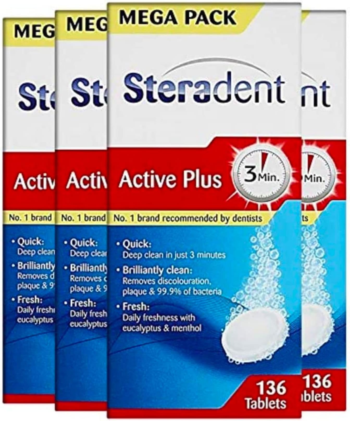 Steradent Active Plus Denture Cleaner, 544 Tablets, Plaque Remover For White Teeth, Mint Fresh, Kills 99.9% Bacteria, Care Cleansers, 136 Count, Pack Of 4