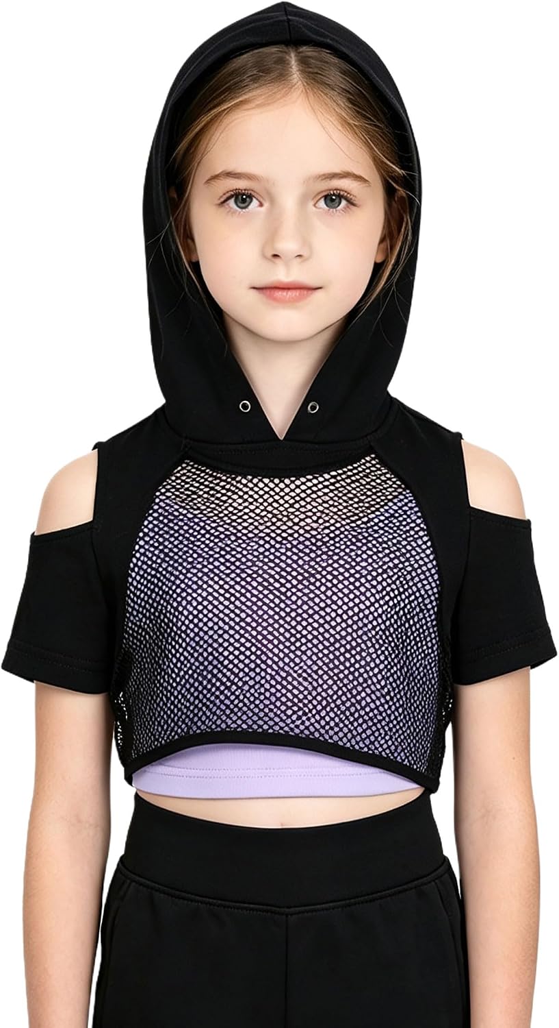 Kids Hollow Out Mesh Hooded Top Dance Cropped Vest