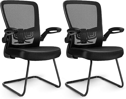 CLATINA Silla de oficina para invitados sin ruedas, silla de escritorio ergonómica de malla, soporte lumbar ajustable y brazos abatibles, base de