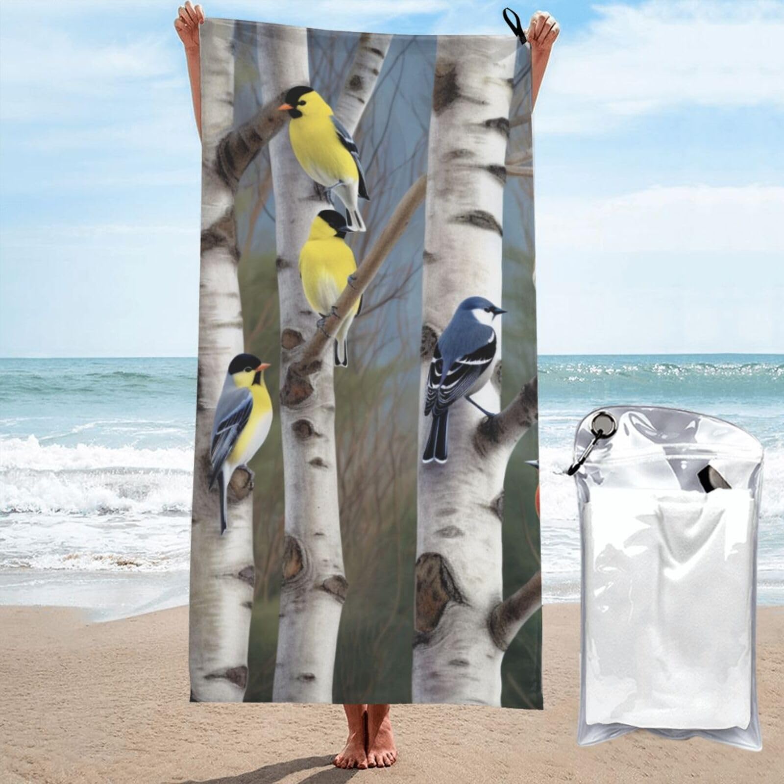 BWWHCCTI birds in birch tree Printed Microfiber Quick Dry Beach Towel 80x160 CM, Fast Drying Bath Towels with Bags for Travel,Camping,Gym,Beach,Swimming,Yoga