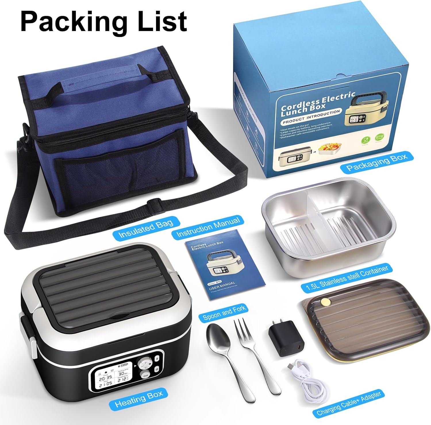 Cordless Electric Heated Lunch Box, 1.5L 6.3Cups 24000mAh Rechargeable Battery Self-Heating Lunch Box, Smart Timer, Even Heating, 100W Portable Food Warmer for Office, Picnic, Car, Outdoor - Image 7