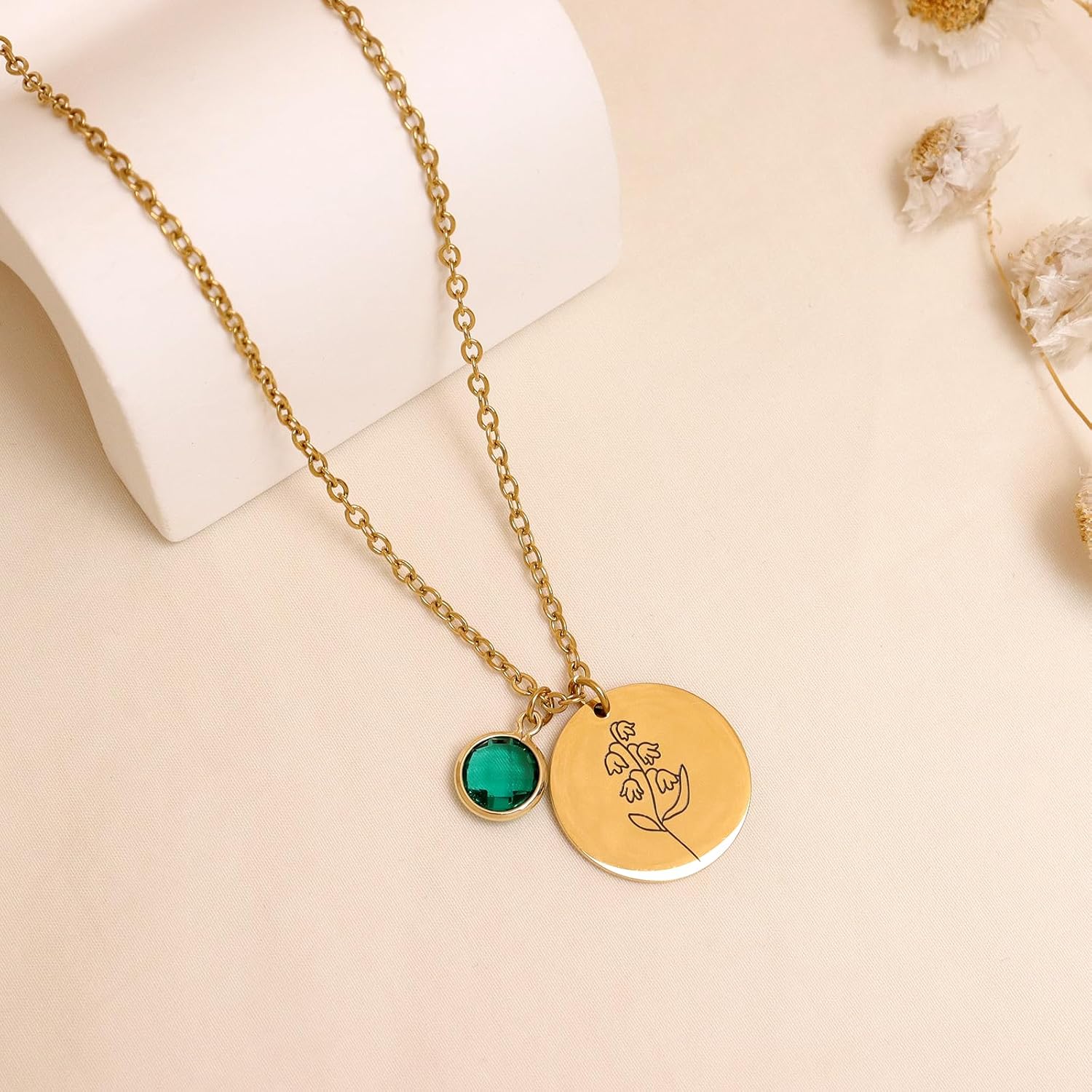 Birth Flower Necklace for Women, Dainty Gold Plated Floral Coin Birthstone Pendant Necklaces Birthday Personalized Jewelry Gift - Image 4