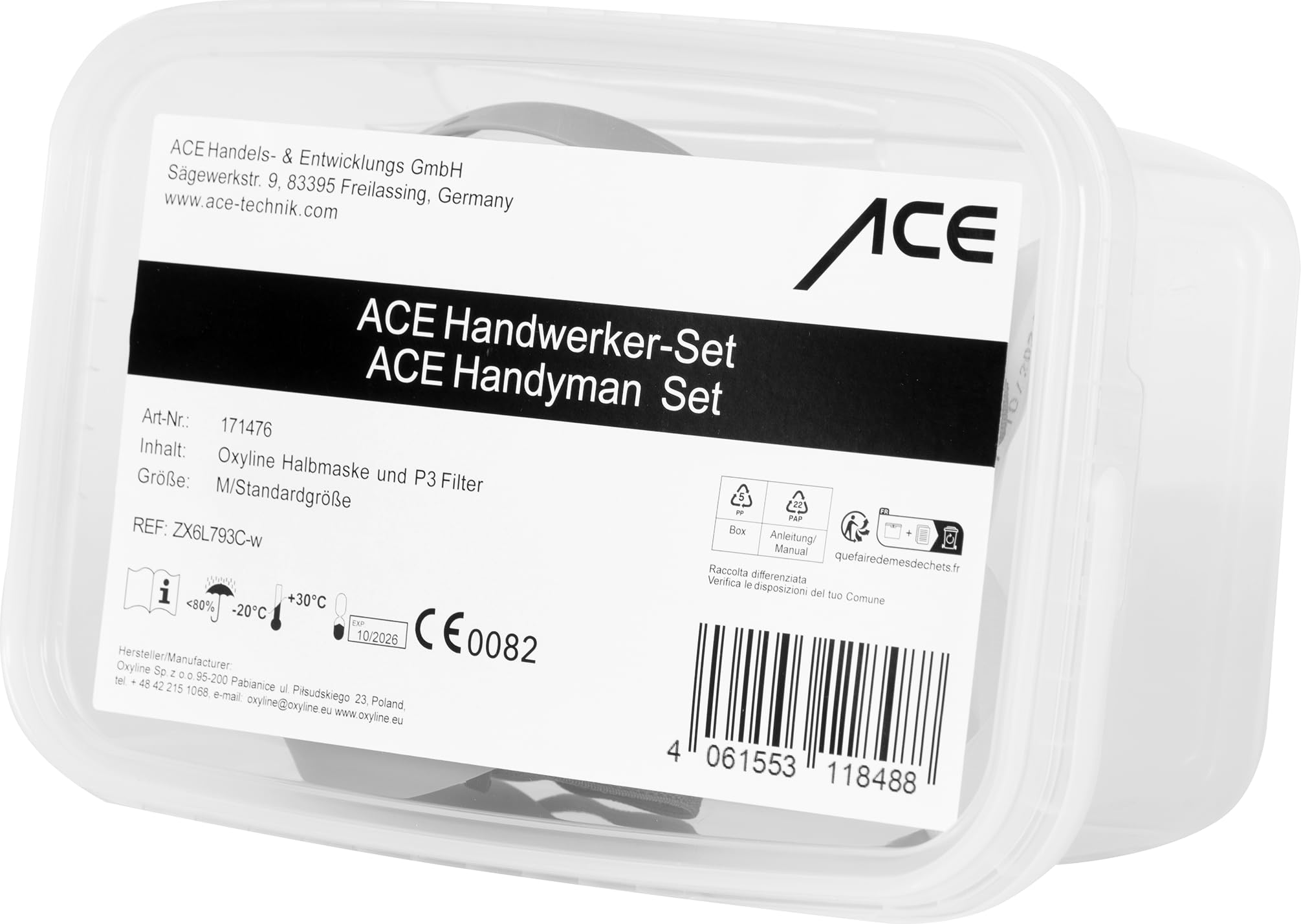 ACE Kit de protection respiratoire Masque de protection respiratoire avec double filtre - Demi-masque contre les poussières, particules, gaz et vapeurs