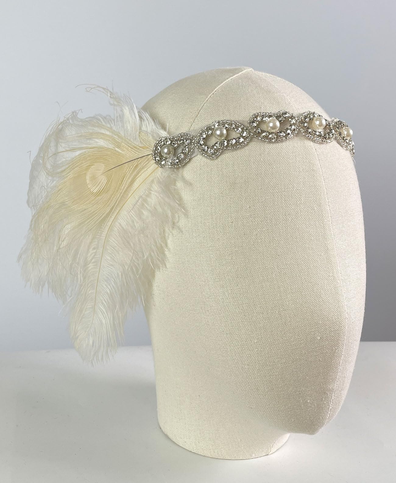 changyexi 1920s Headband White Feather Flapper Headpiece for Women, Roaring 20s Great Gatsby Hair Accessories, Pearl and Rhinestone Detailing