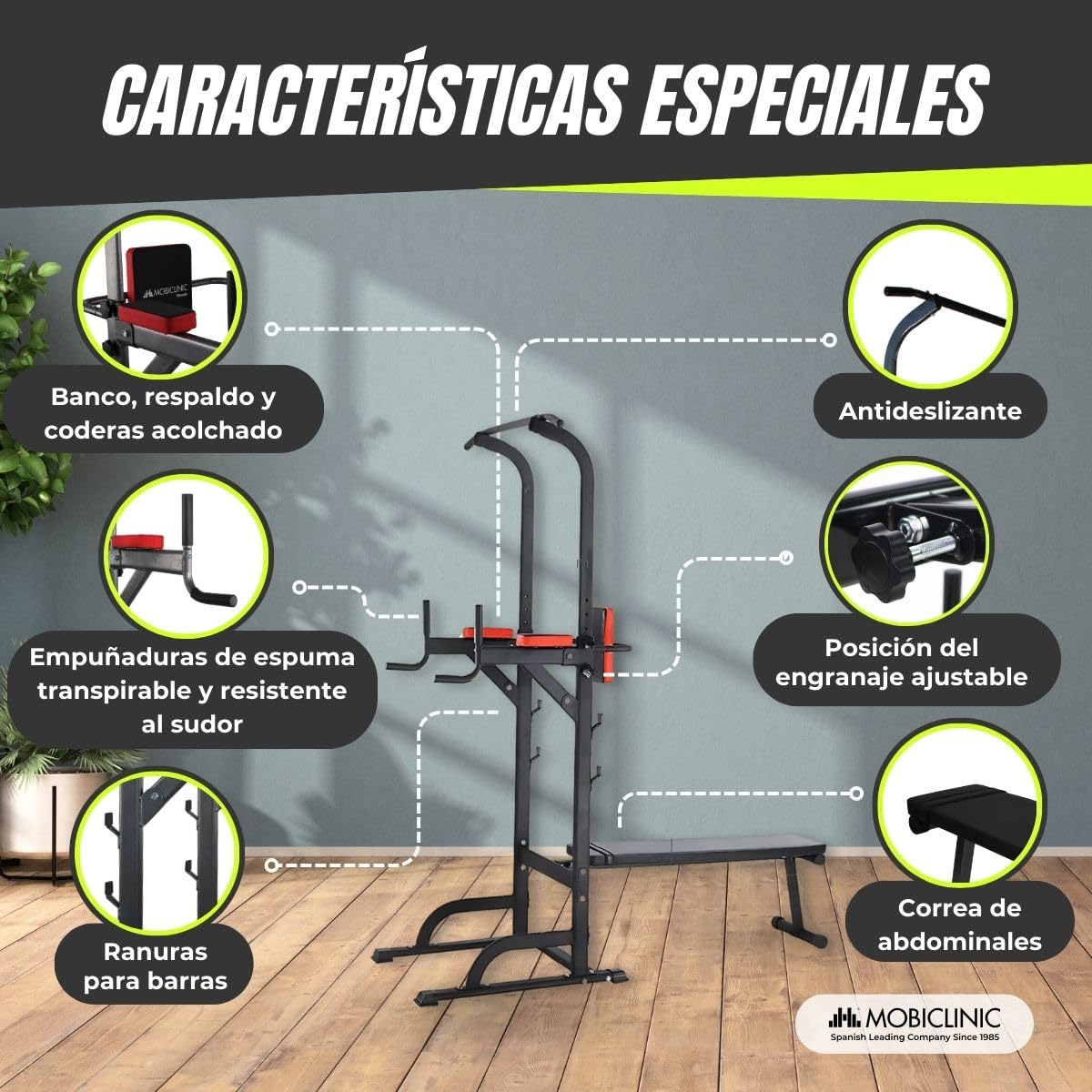 Mobiclinic® Fitness, Estación de musculación, 9 en 1, Plegable, Domifit, Ajustable 7 Alturas, Barra dominadas, Banco reclinable, Soporte para Barras, Multifunción, Antideslizante, Acolchada