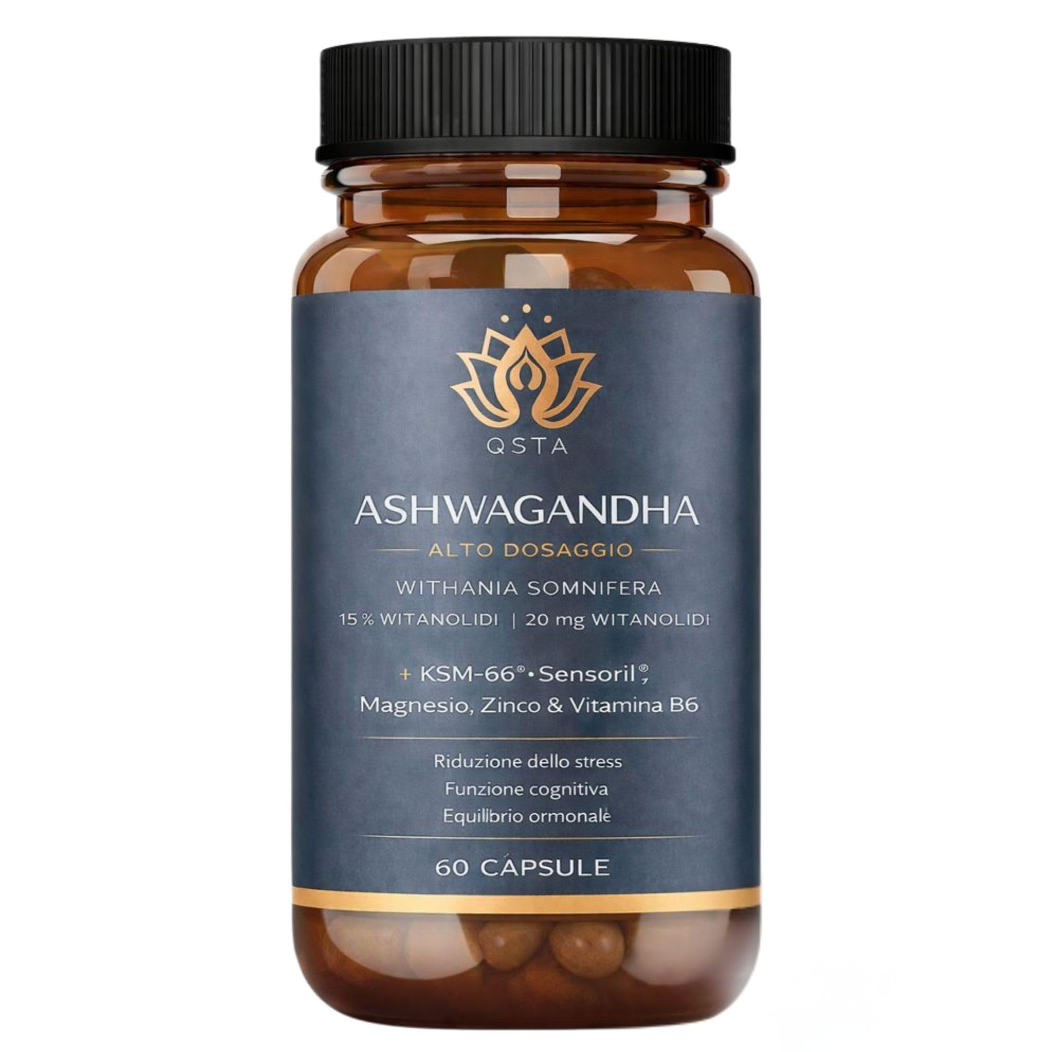 Ashwagandha KSM-66 + Sensoril (15-20% Withanolidi) Adattogeno e Nootropico per Sonno Profondo, Benessere, Energia, Cortisolo abbassare dimagrire | Fornitura di 2 Mesi