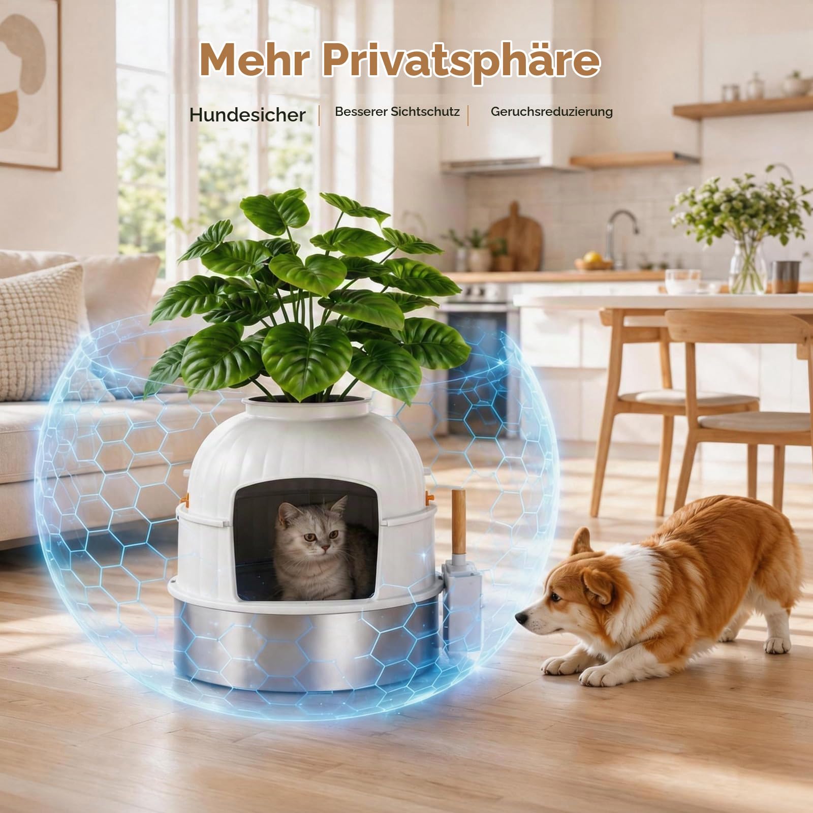 Katzenklo Edelstahl mit Pflanze & Schaufel, Versteckte Katzentoilette XXL Katzenklo Blumentopf mit Kohlefilter, Geruchsresistent & Leicht zu Reinigen, Cremeweiß