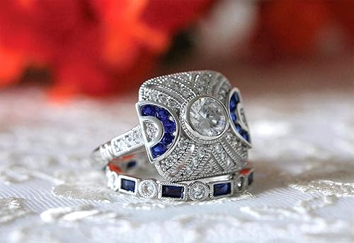 Miniatura 4 de 2Pcs vintage 925 sterling silver women's ring set inlaid zircon full diamond square shape super shiny luxy sapphire ring engagement jewelry cocktail