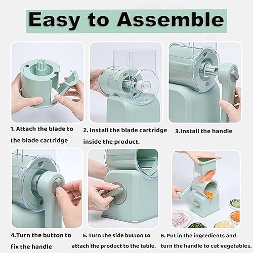 Miniatura 3 de Rallador de queso giratorio 5 en 1 con asa, trituradora manual multifuncional de verduras con cuchillas intercambiables, base de succión fuerte,