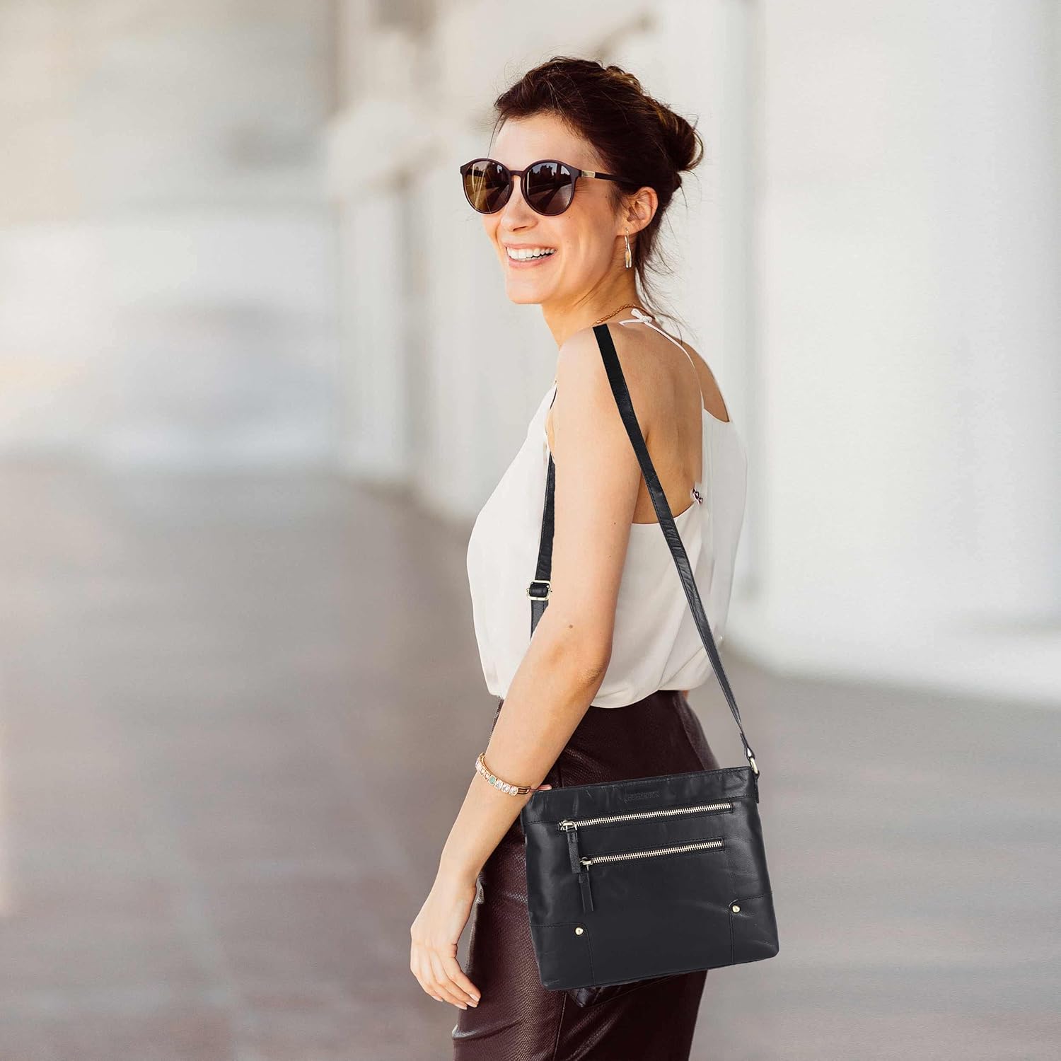 Mia Soft Real Leather Womens Crossbody Handbags and Purses-Triple Zip Premium Sling Crossover Shoulder Bag - Image 2