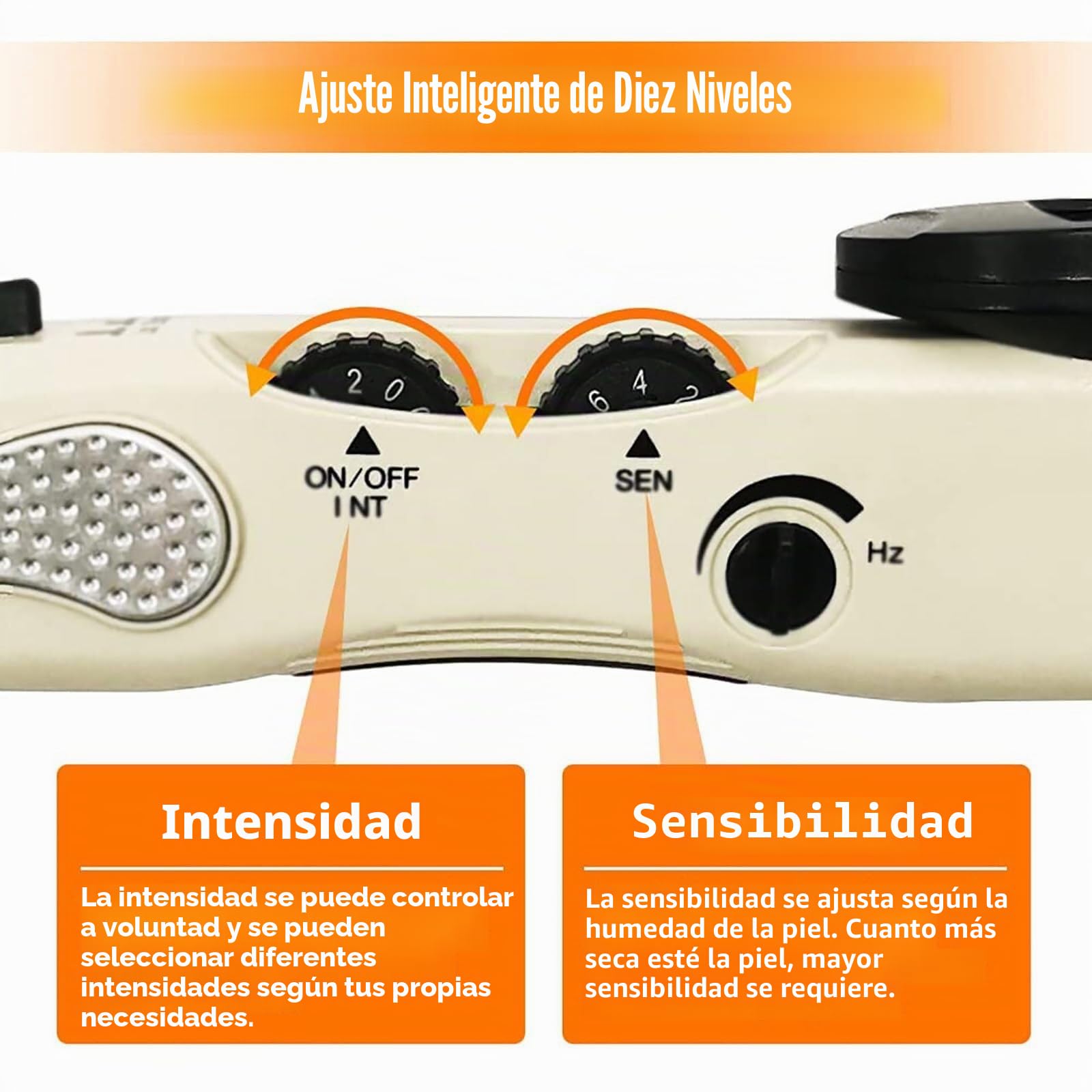 Detección automática de Puntos de acupuntura, 10 intensidades + 10 sensibilidades, frecuencia de Pulso: 1-23 Hz (Ajustable), con 3 sondas de Masaje, Recargable.