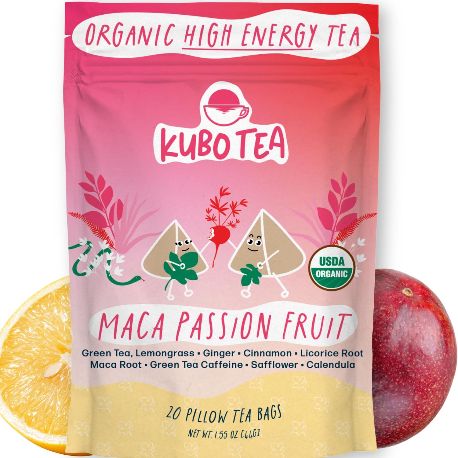 High Caffeine Tea 140 mg - Kubo Tea Organic Maca Passion Fruit Green Tea Bags for Clean Energy