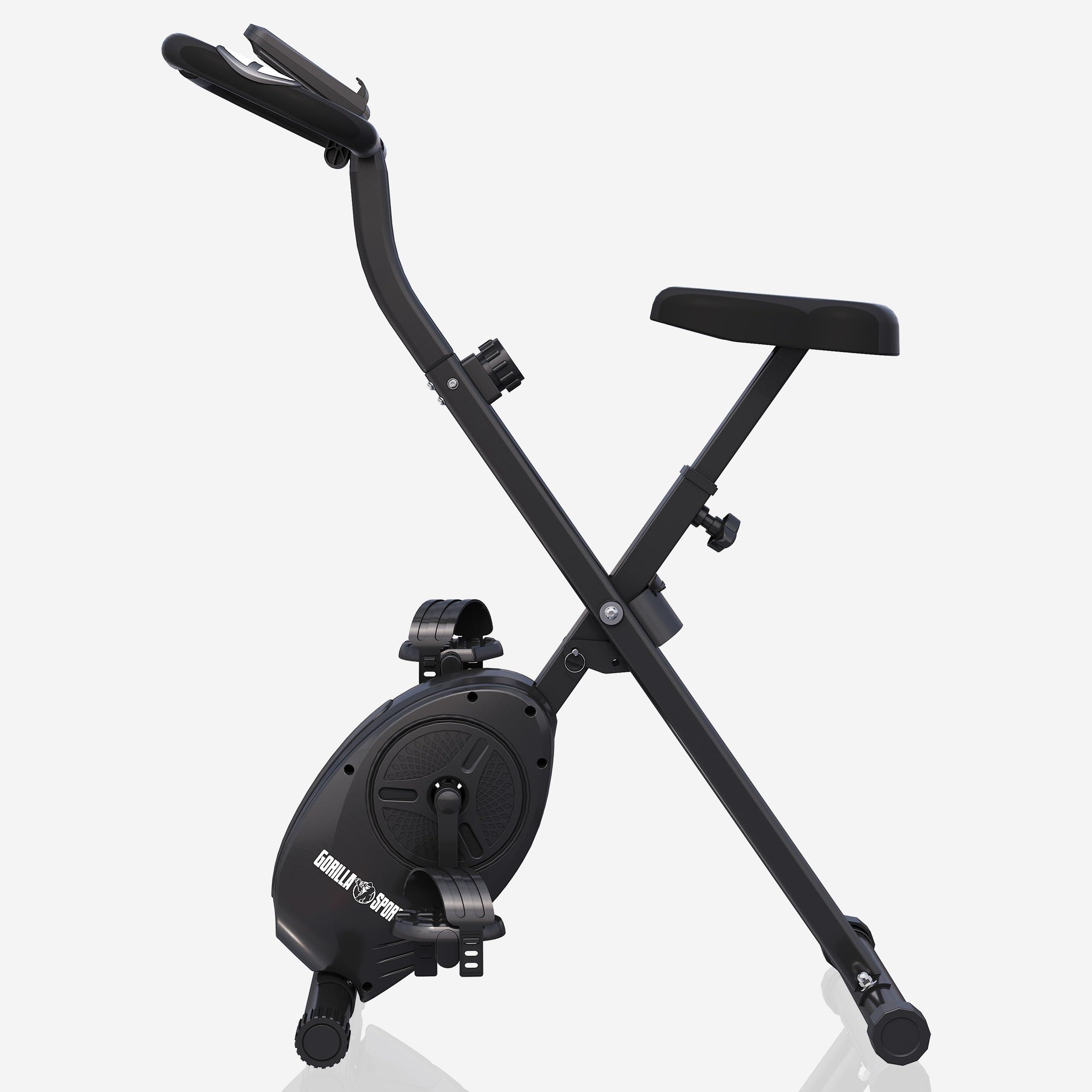 GORILLA SPORTS® Klappbarer Heimtrainer mit 8 Widerstandsstufen, bis 110 kg | X-Frame mit Magnetwiderstand, höhenverstellbarem Sattel und Bordcomputer für Distanz, Tempo, Kalorien und Puls