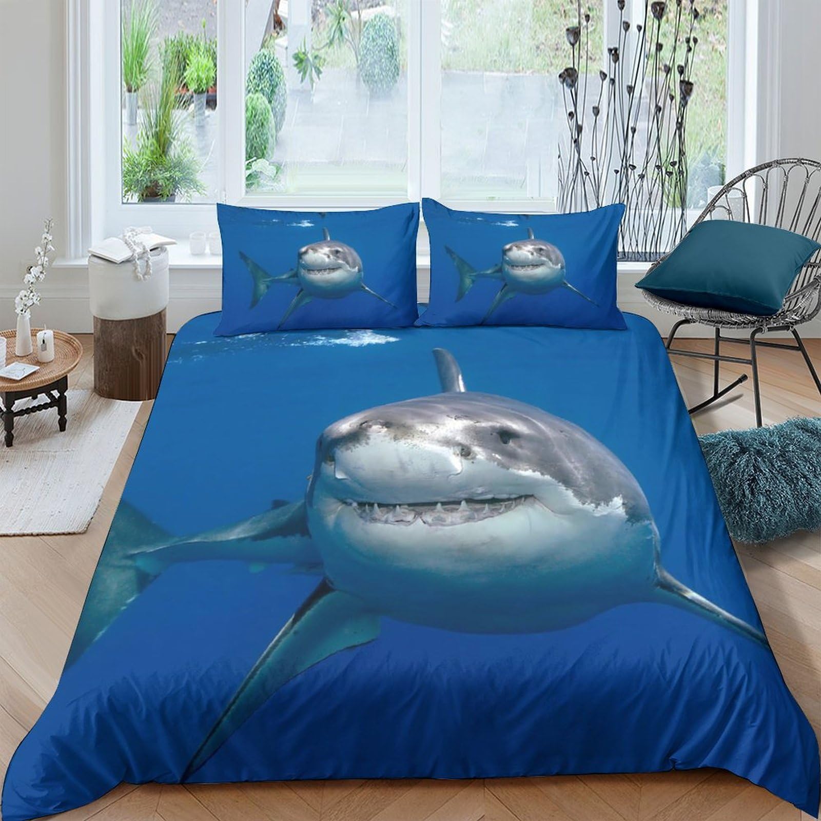 Ctjqhvkz Style-4 3D Printed Shark Ocean Fitted Sheet Microfiber Soft Blue Sea Mattress Cover For Bedroom Guest Room Decor Protection Single（135X200cm）
