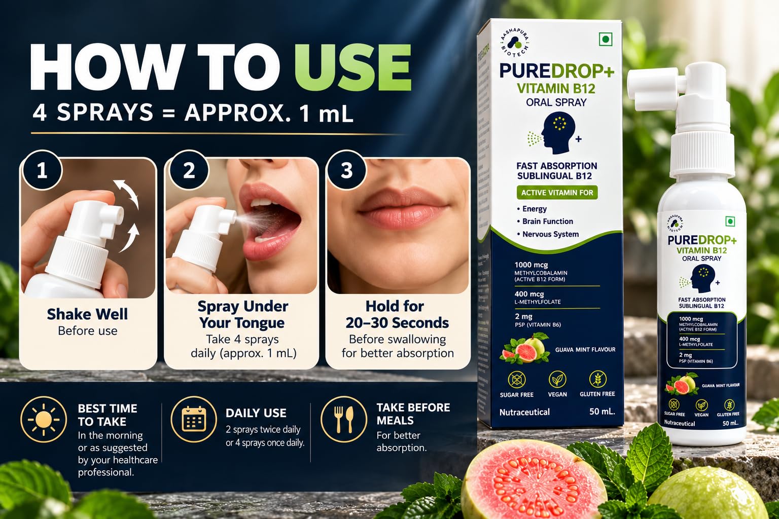 Vitamin B12 Sublingual Spray | Supports Energy, Brain Function & Nervous System Health | 1000 mcg Methylcobalamin, 400 mcg L-Methylfolate & 2 mg Vitamin B6 (P5P) | Guava Mint Flavour | Sugar Free & Vegan | 50 mL | by Aashapura Biotech — Amazon image 5