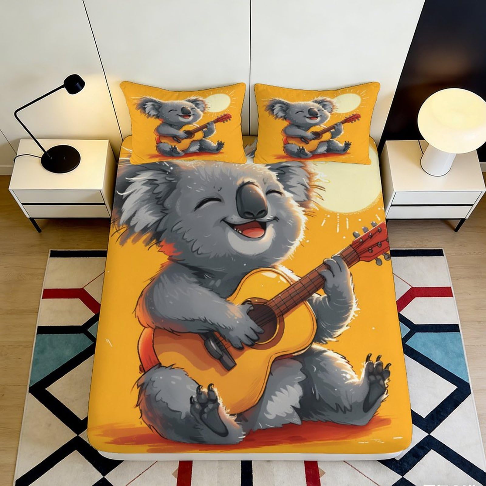 3D Printed Koala Guitar Fitted Sheet Microfiber Anti-Slip Bed Cover for Bedroom Guest Room Dorm Machine Washable Orange 180x200x25cm