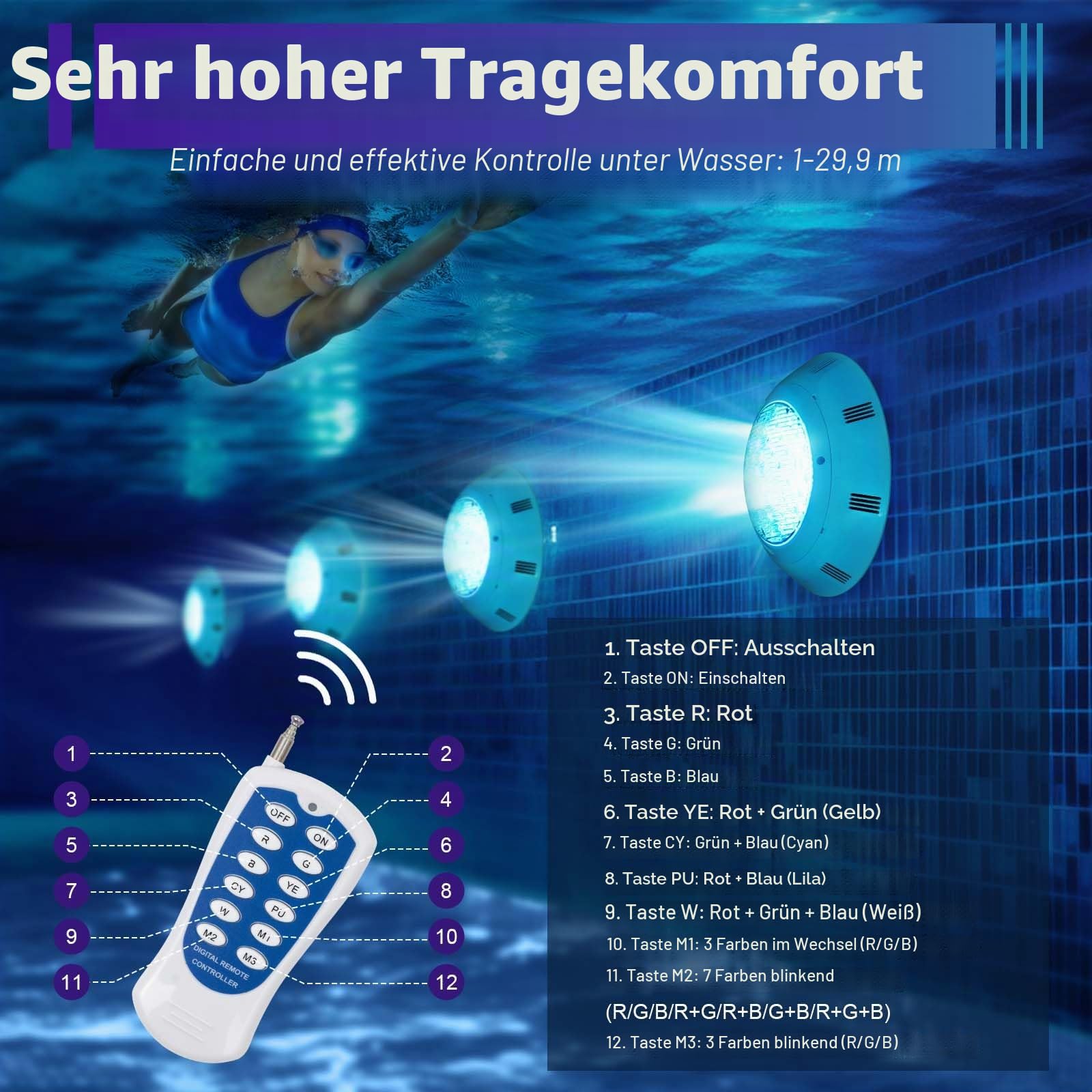Poolbeleuchtung Unterwasser 45W RGB LED Pool Licht Teichbeleuchtung Unterwasser Licht Einbau Pool Beleuchtung, Unterwasserbeleuchtung für Aquarium, Schwimmbädern, Springbrunnen, Teichen