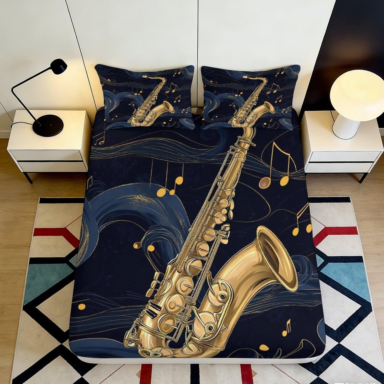 3D Printed Saxophone Music Fitted Sheet Microfiber Soft Breathable Jazz Notes Bed Cover for Bedroom Decor 90x200x25cm