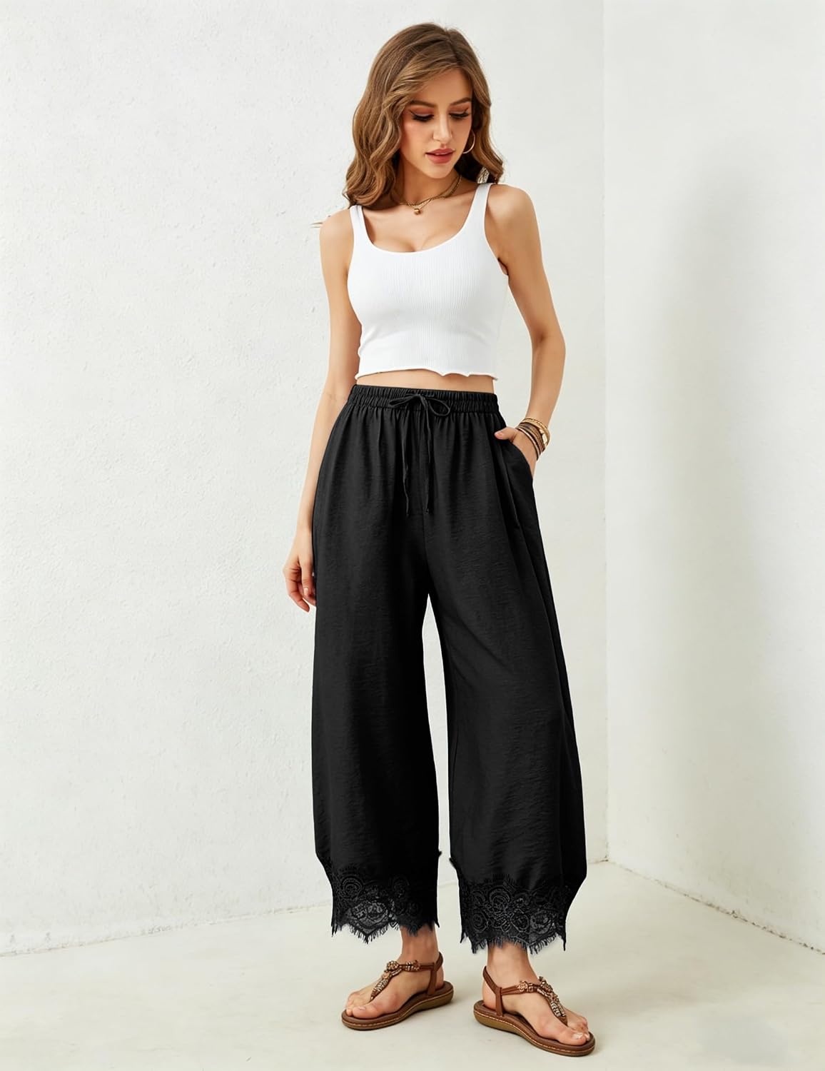 Women's Cropped Lace-Hem Pants High Waisted Drawstring Wide Leg Pants Casual Lightweight Trousers with Pockets (Black-XL)