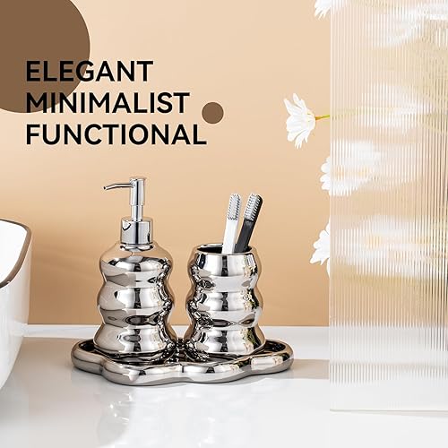 Miniatura 3 de Juego de accesorios de baño de cerámica de 3 piezas con diseño de esmalte de punta de arena, bandeja, dispensador de loción y vaso, lleva la