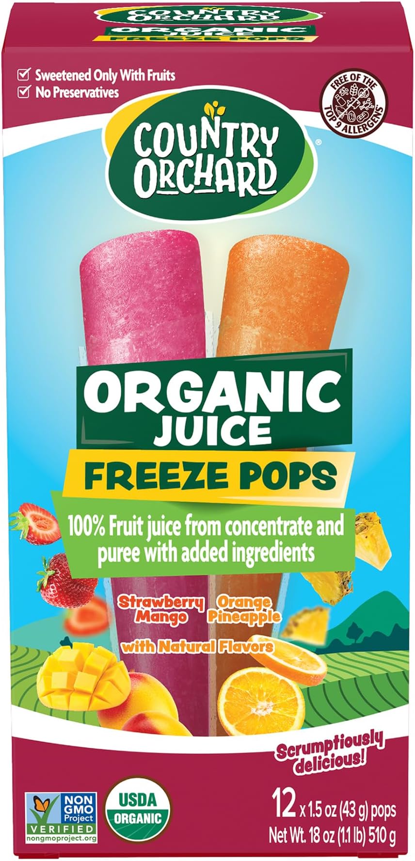 Kisko Freezies Country Orchard Organic Freeze Pops 100% Juice (Strawberry)