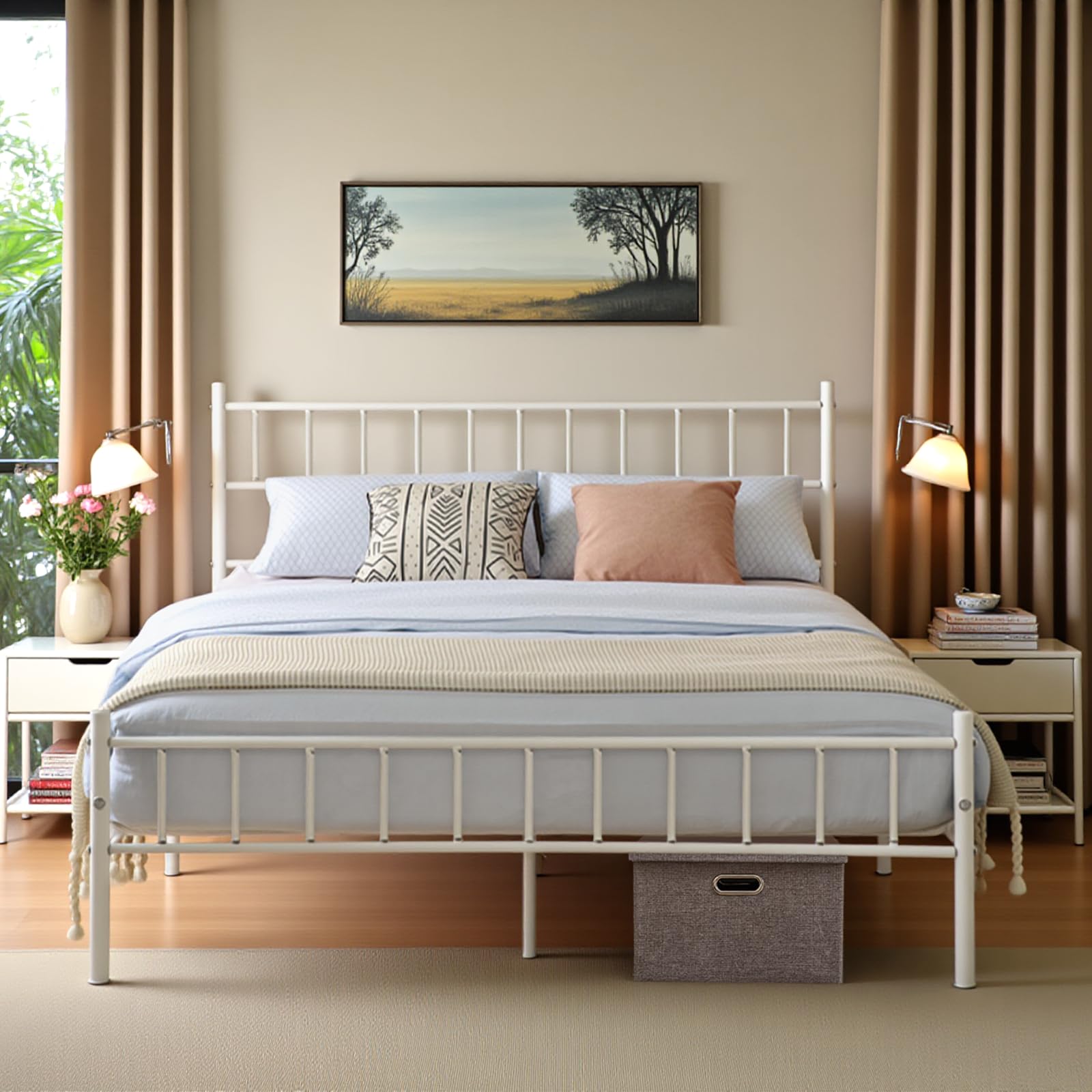 buybyroom Small Double Bed Frame, Metal Bed Frame with Underbed Storage, Suitable for 120x190 cm Mattress, Suitable for Adults and Children, White