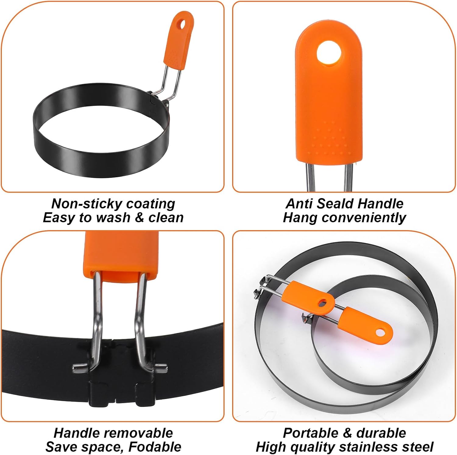 8 Pcs Egg Ring Pancake Ring Set, Stainless Steel Fried Egg Molds Griddle Pancake Shapers Nonstick with Silicone Cooking Mold Handle for Breakfast Omelette Sandwich Muffins Breakfast (4, 6 Inch)