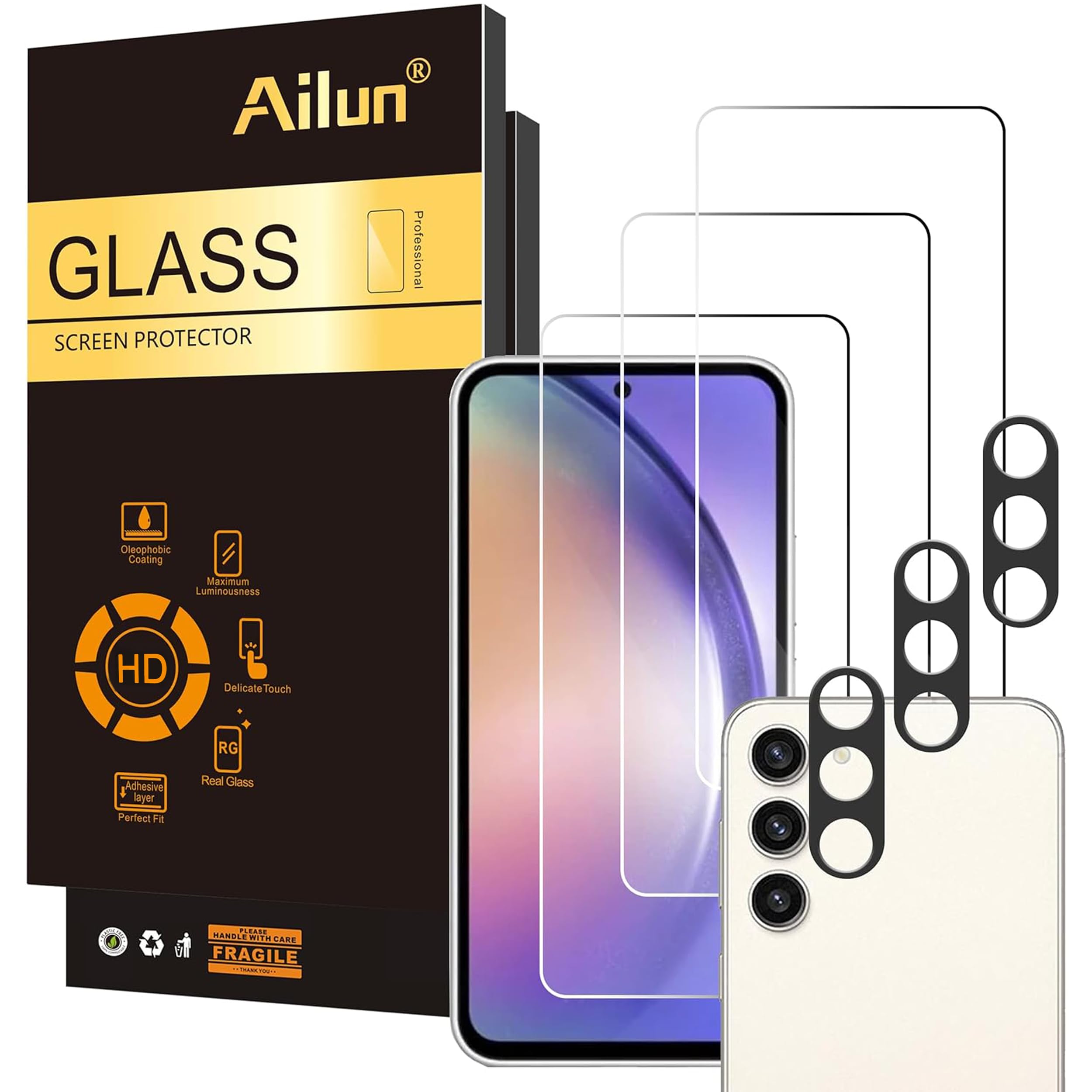 Ailun Screen Protector + Camera Lens Protector for Galaxy A54 5G, 3+3 Pack | 6.4 Inch, 0.33mm Ultra Clear, Anti-Scratch, Case Friendly Transparent A54 5G 6.4 inches
