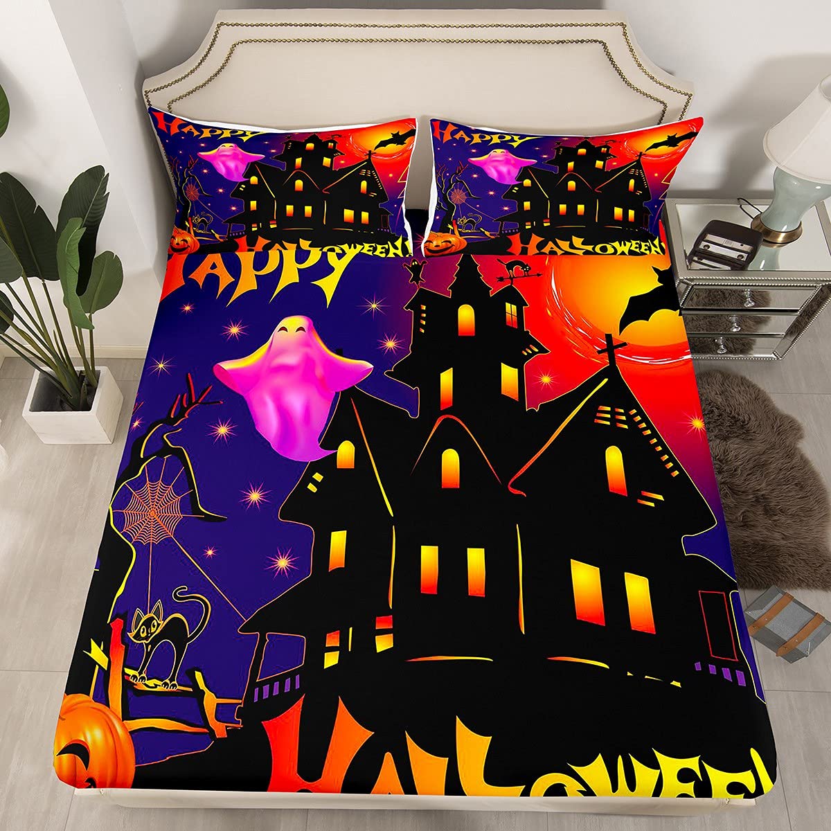 3D Pumpkin Bed Sheet Set Night Castle Bat Design Bedding Sheets for Kids Boys Girls Halloween Bedding Fitted Sheet Cartoon Festival Bed Cover with 2 Pillowcases 3Pcs Bedding Full