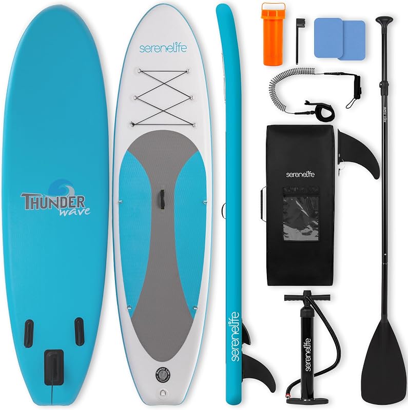 SereneLife Tabla de remo inflable de 10 pies con accesorios de SUP premium - Diseño amplio y estable con almohadilla de cubierta de EVA antideslizante, para jóvenes y adultos, 350 lbs. Capacidad