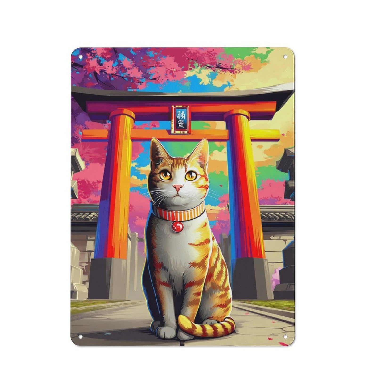 Junmoney Colorful Cat At Japanese Torii Gate Warehouse Style Tin Wall Sign 40X30cm Featuring Loft Wall Plaque For Loft, Studio, Office Or Creative Room