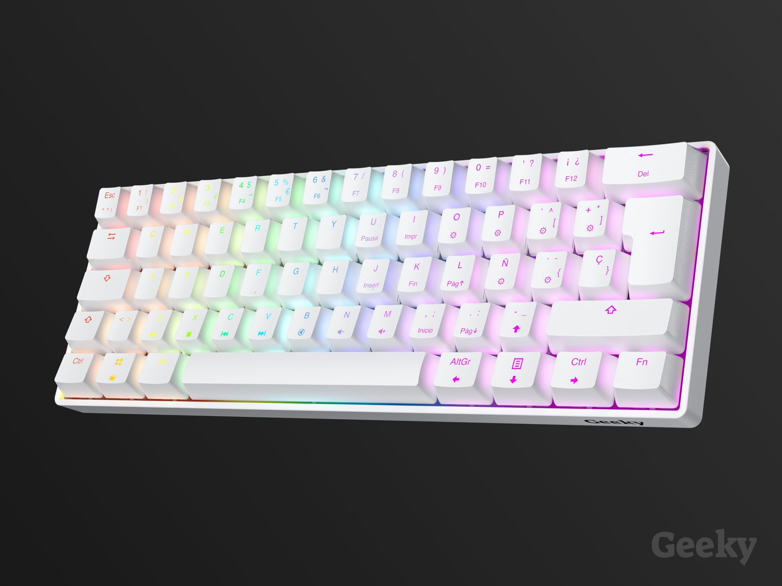Geeky GK61 60% | Hot Swappable Tastiera da Gioco Meccanica | 62 Tasti Multi Colore RGB LED Retroilluminati per Gaming su PC/Mac | ISO ES Tastiera Spagnola + LATAM (Bianco, Mechanical Speed Silver)