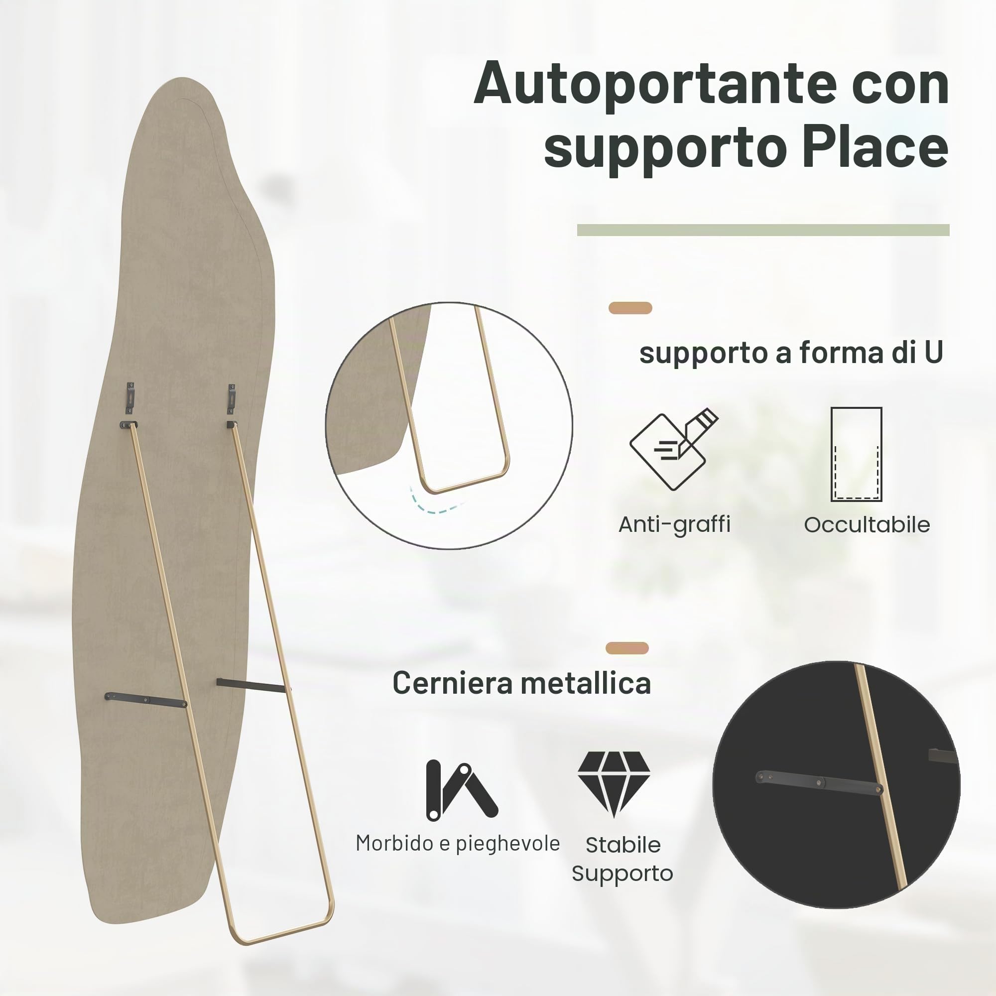 Specchio asimmetrico, 160 x 50 cm, a forma organica, moderno, a pavimento, curvo, da parete, per soggiorno, camera da letto, ingresso