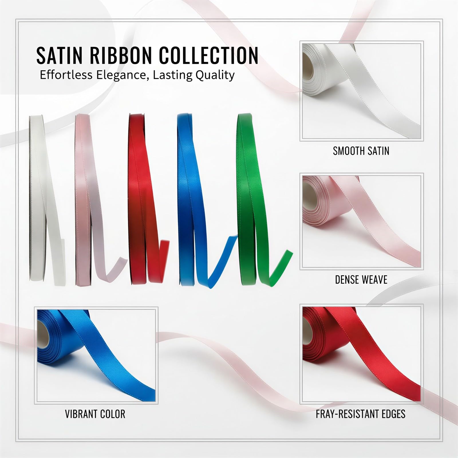Set di 5 rotoli di nastro di raso double face da 1 cm, tinta unita, bianco, rosa chiaro, rubino, rosso, verde, blu, tessuto crittografato, tessuto in poliestere per confezioni regalo, fiocchi per