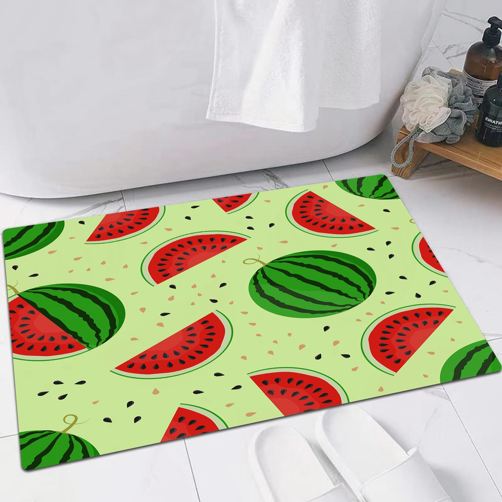 EMFSLA Bath Mat 16x24 in,Bright juicy watermelon whole and halves seamless vector pattern,Non-Slip Bathroom Mat Machine-Washable,Ultra Soft and Water Absorbent Bath Rug for Bathroom