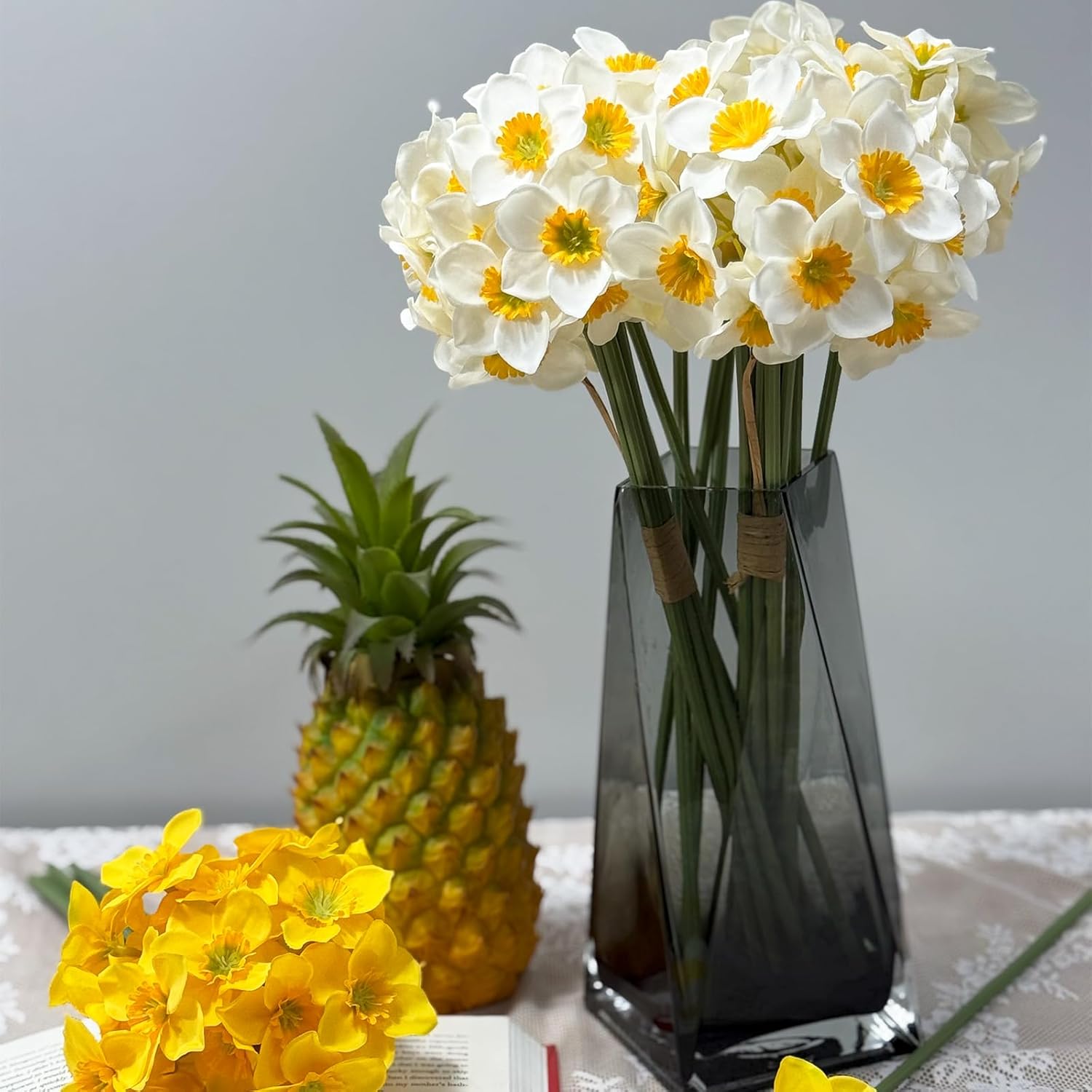 Artificial Flower Daffodil Silk Flowers Bouquet,12 Pcs,Decorative Home and Office Accent (White) - Image 2